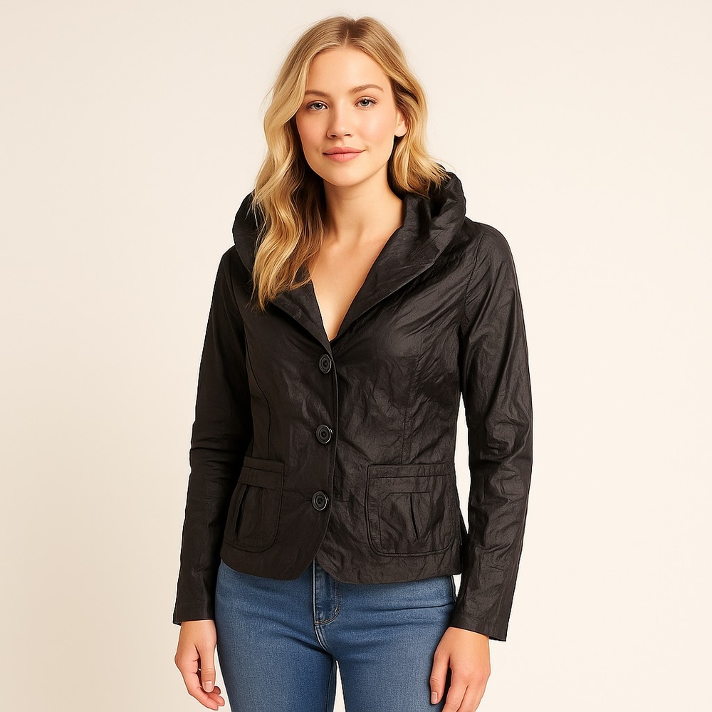 Joseph Ribkoff Crinkled Black Jacket Hooded Collar Size 10 Canada